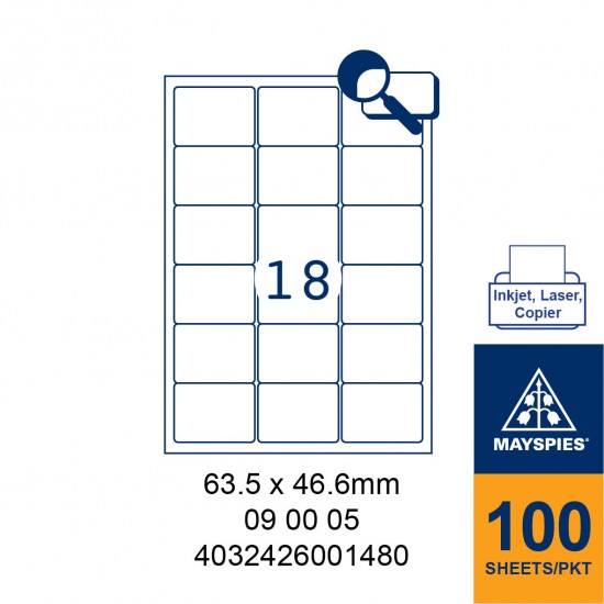 MAYSPIES 09 00 05 LABEL FOR INKJET / LASER / COPIER 100 SHEETS/PKT WHITE 63.5X46.6MM